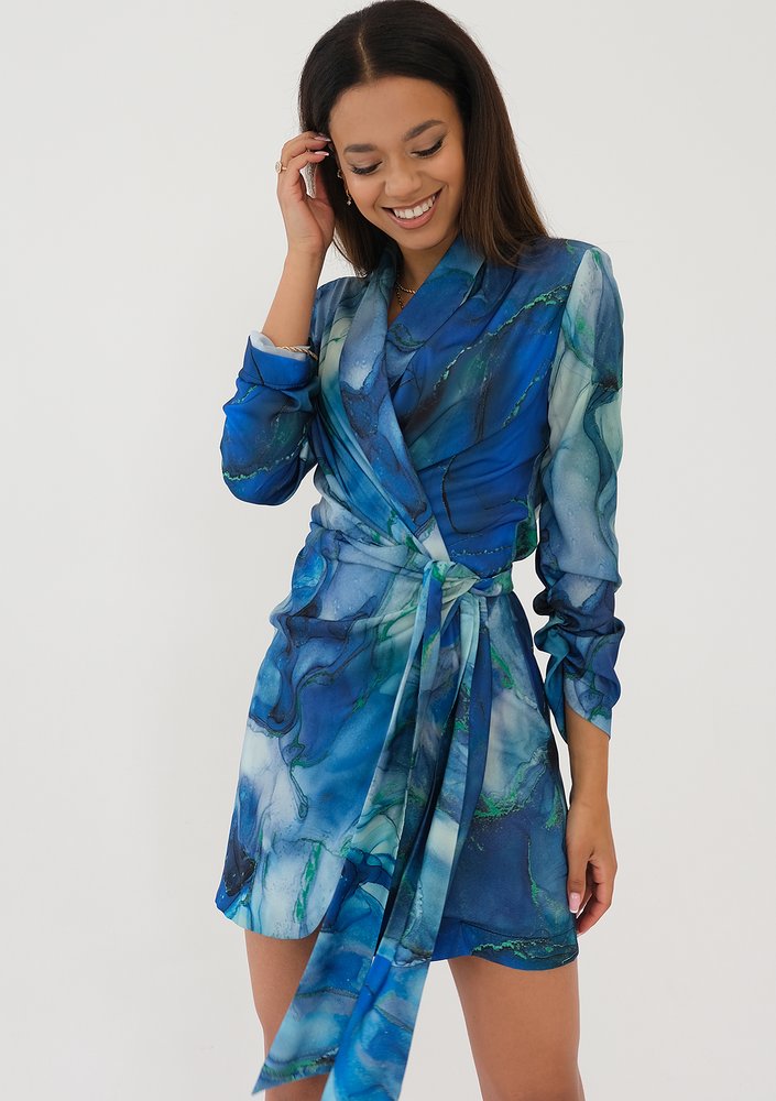 Rosie - Blue printed mini wrap dress