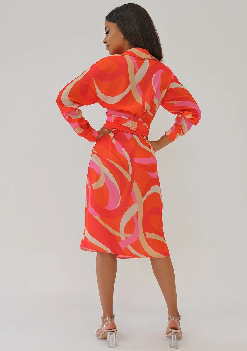 Emily - Orange printed midi wrap dress