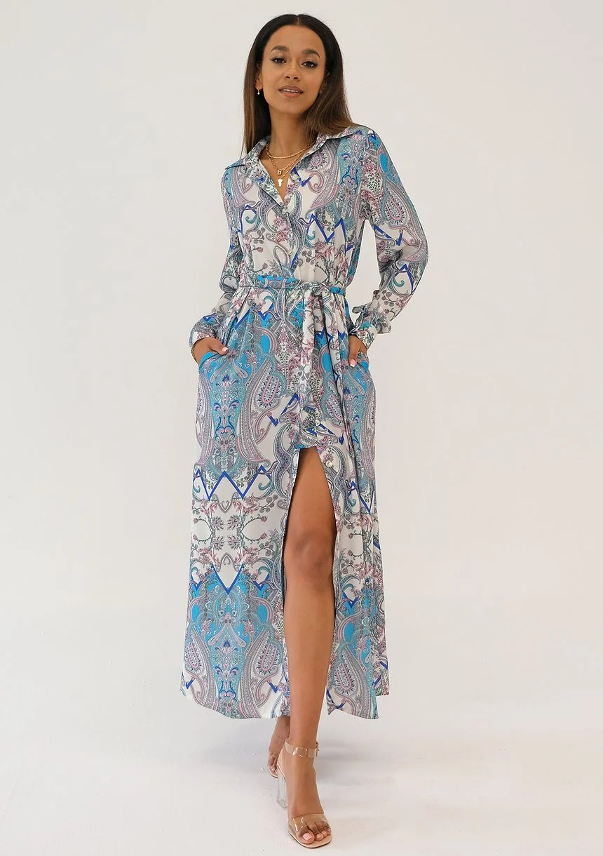 Sofia - Blue printed maxi shirt dress