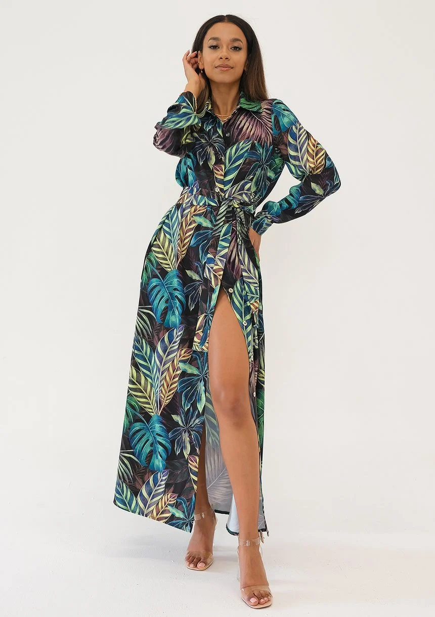 Sofia - Leaves printed maxi shirt dress