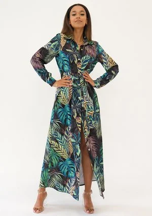 Sofia - Sukienka koszulowa maxi Leaves Print