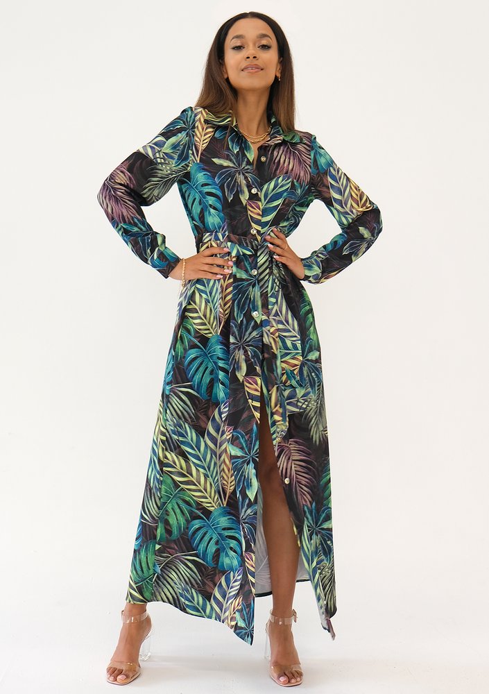 Sofia - Leaves printed maxi shirt dress