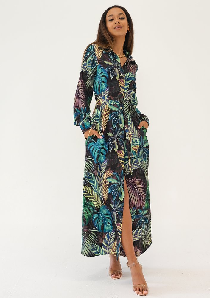 Sofia - Leaves printed maxi shirt dress