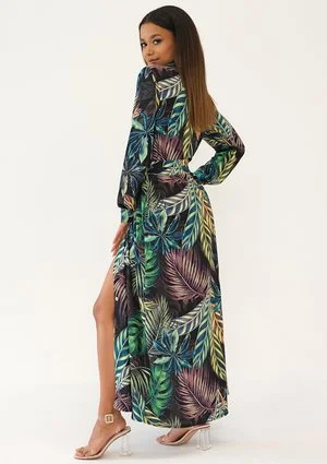 Sofia - Sukienka koszulowa maxi Leaves Print