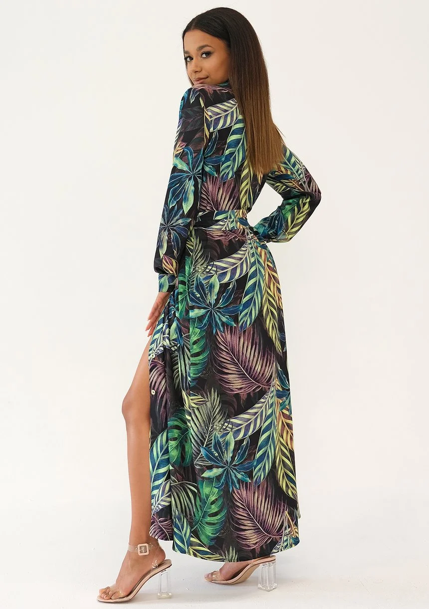 Sofia - Leaves printed maxi shirt dress