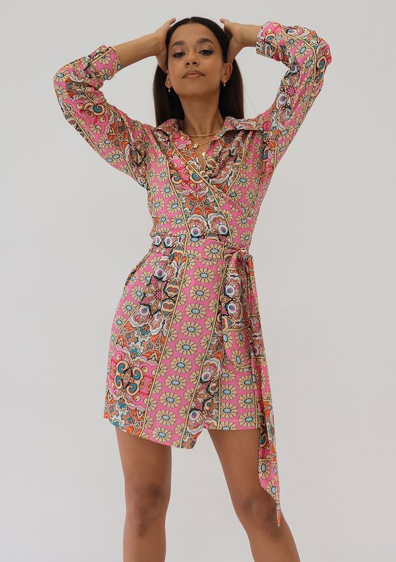 Suzie - Pink printed mini wrap dress