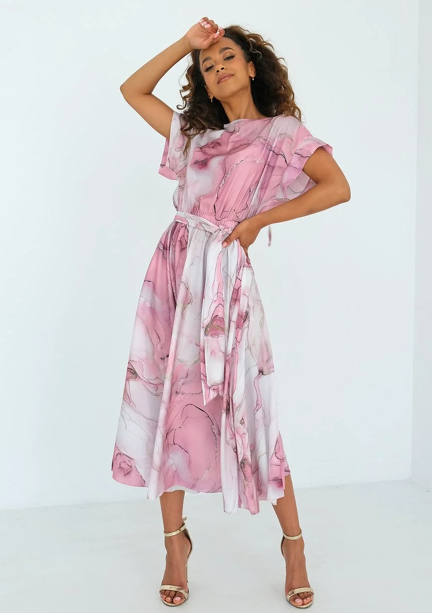 Linda - Pink marble printed midi dress