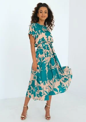 Linda - Green leaves printed midi dress