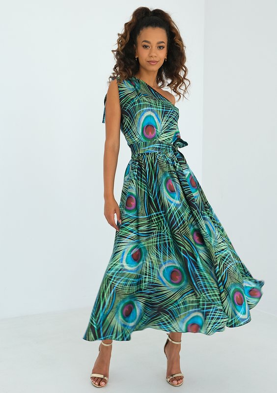 Venus - Peacock feathers printed midi dress