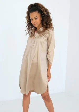 Loana - Beige satin mini shirt dress