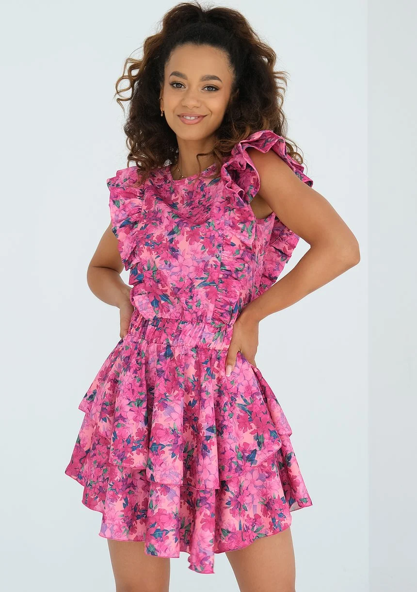 Alessia - Sukienka z falbankami w kwiatki Pink