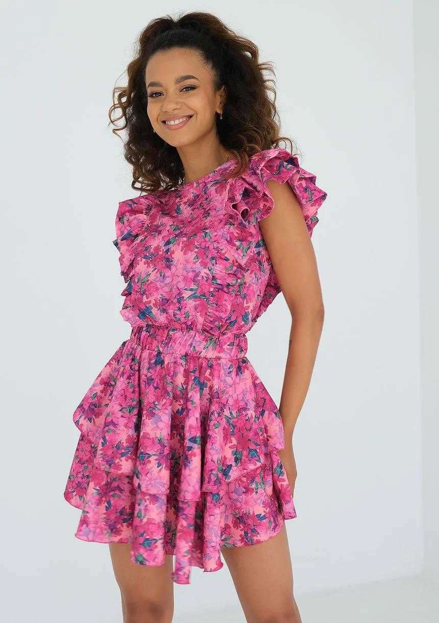 Alessia - Sukienka z falbankami w kwiatki Pink