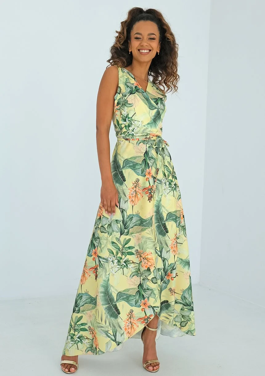 Sanda - Yellow leaf printed maxi wrap dress