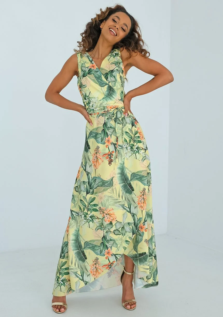 Sanda - Yellow leaf printed maxi wrap dress