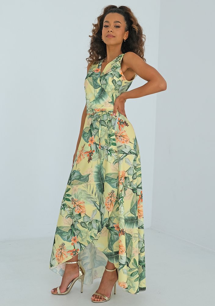 Sanda - Yellow leaf printed maxi wrap dress