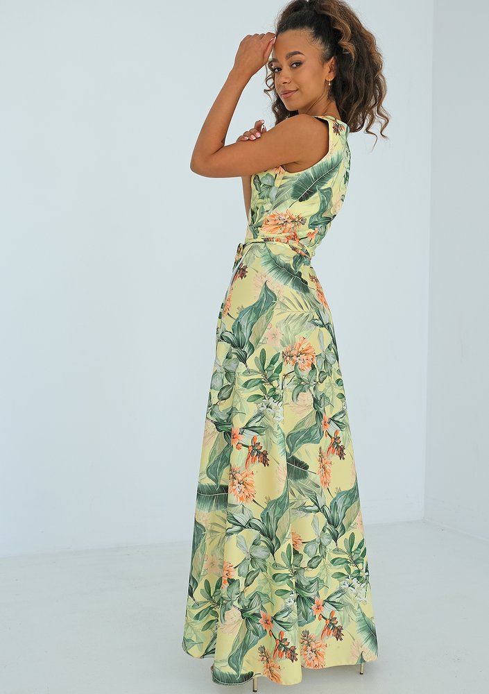 Sanda - Yellow leaf printed maxi wrap dress