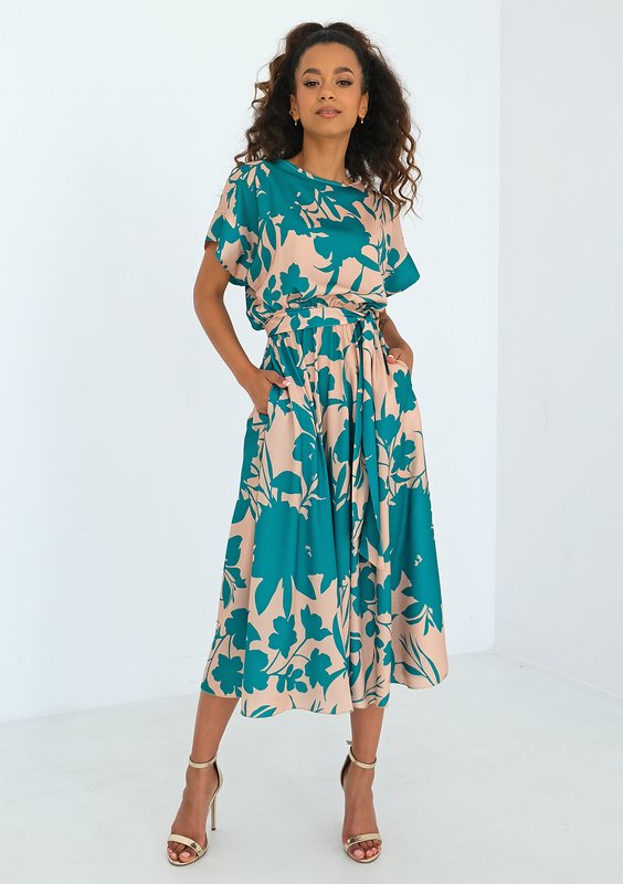 Linda - Green leaves printed midi dress