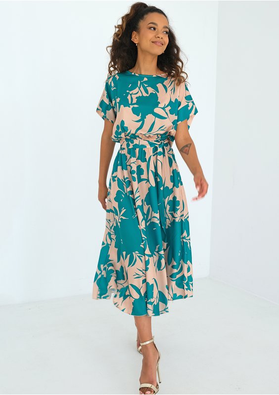 Linda - Green leaves printed midi dress