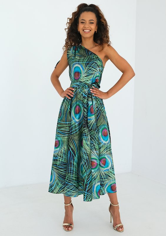 Venus - Peacock feathers printed midi dress