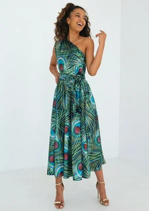 Venus - Peacock feathers printed midi dress