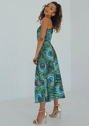 Venus - Peacock feathers printed midi dress