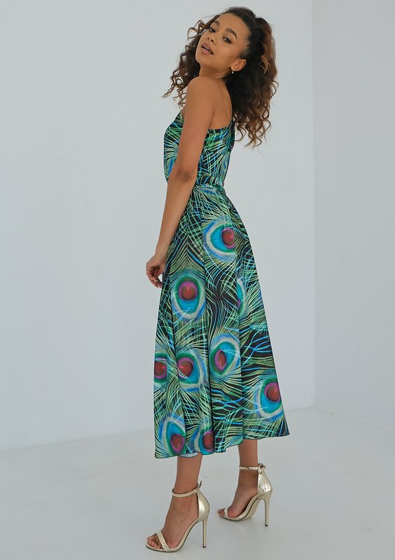 Venus - Peacock feathers printed midi dress