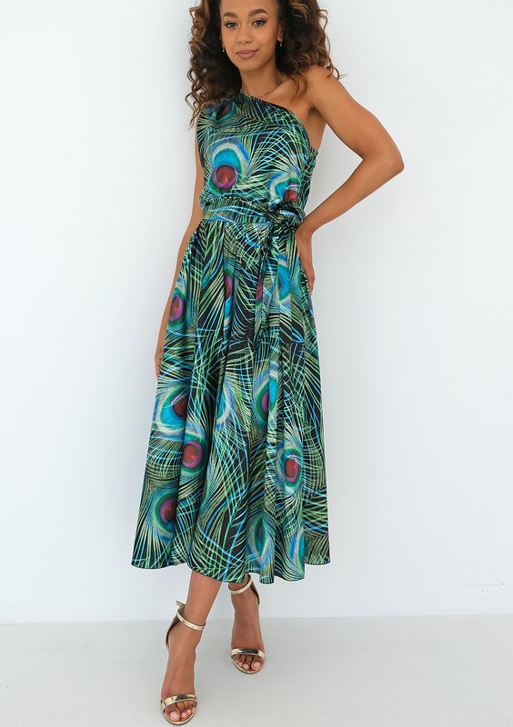Venus - Peacock feathers printed midi dress