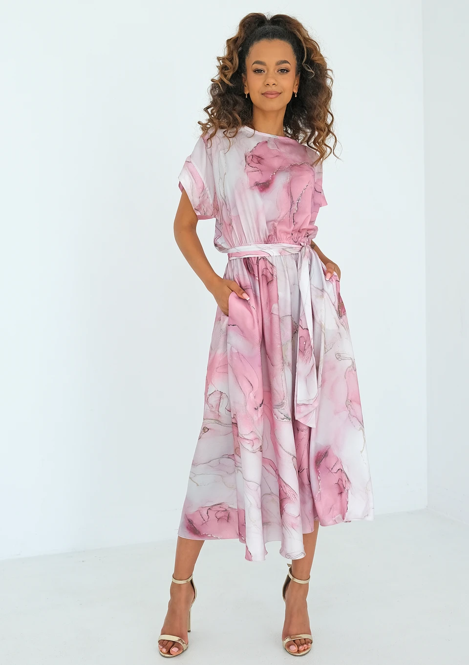 knee length dresses for ladies Marble Dreams Pink Sleeveless Print Midi Dress