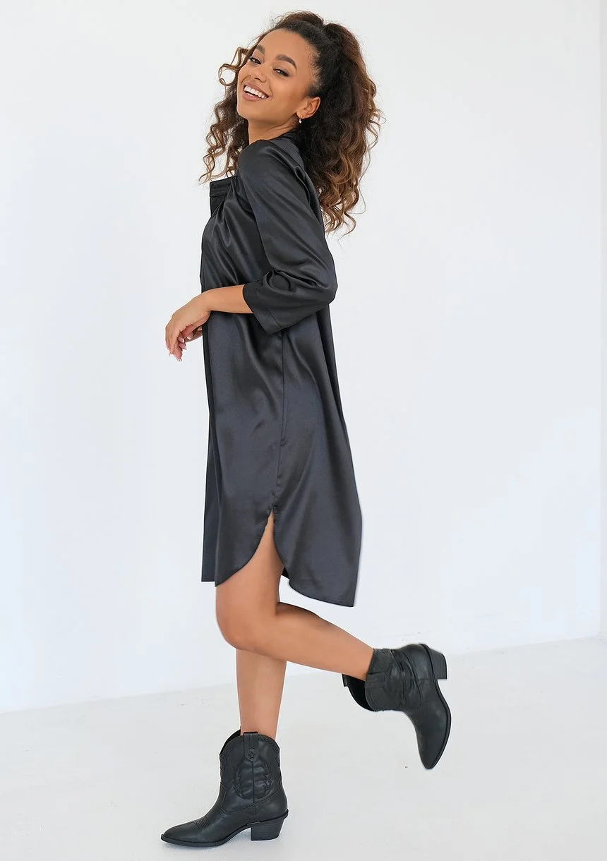 Loana - Black satin mini shirt dress