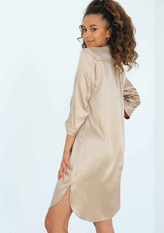 Loana - Beige satin mini shirt dress