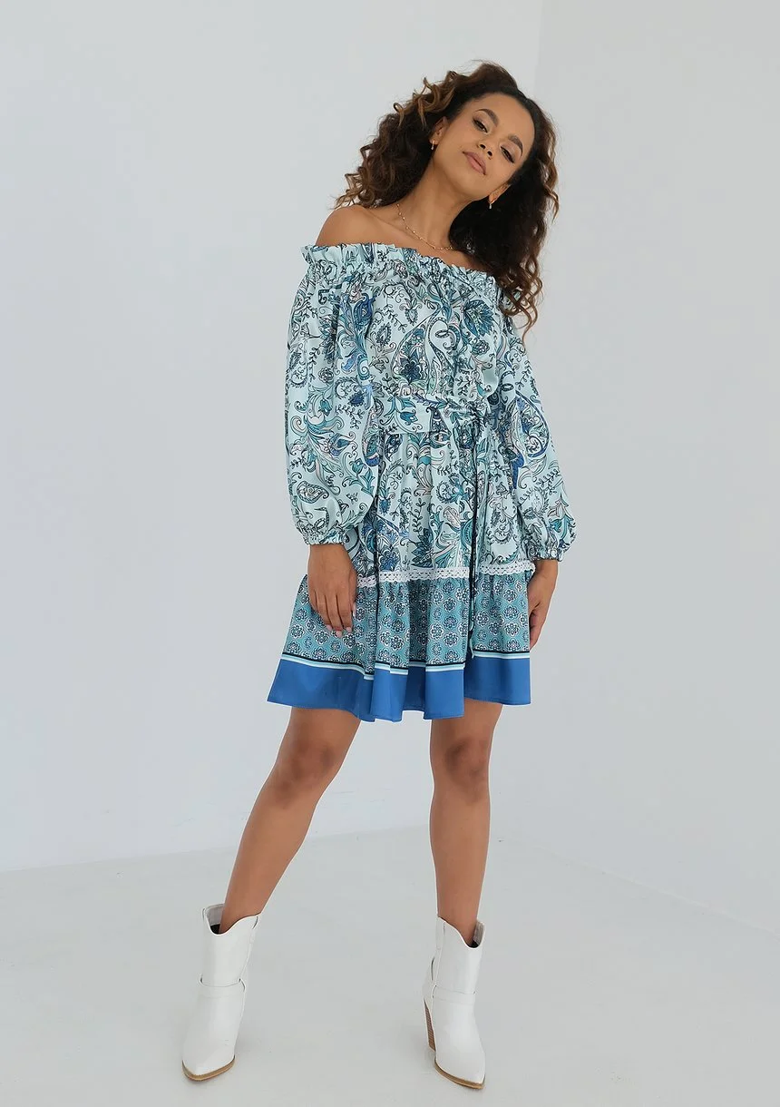 Pia - Paisley printed light blue mini dress