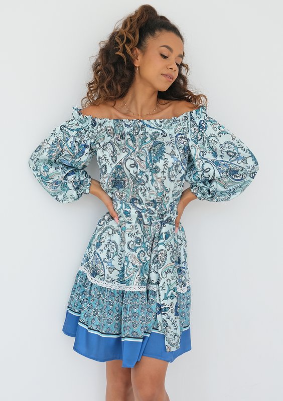 Pia - Sukienka mini w kwiatki Blue Paisley