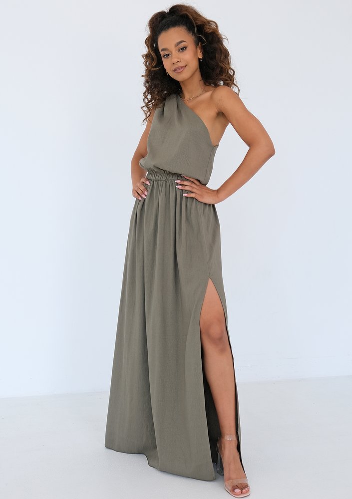 Athina - Asymmetric olive green maxi dress
