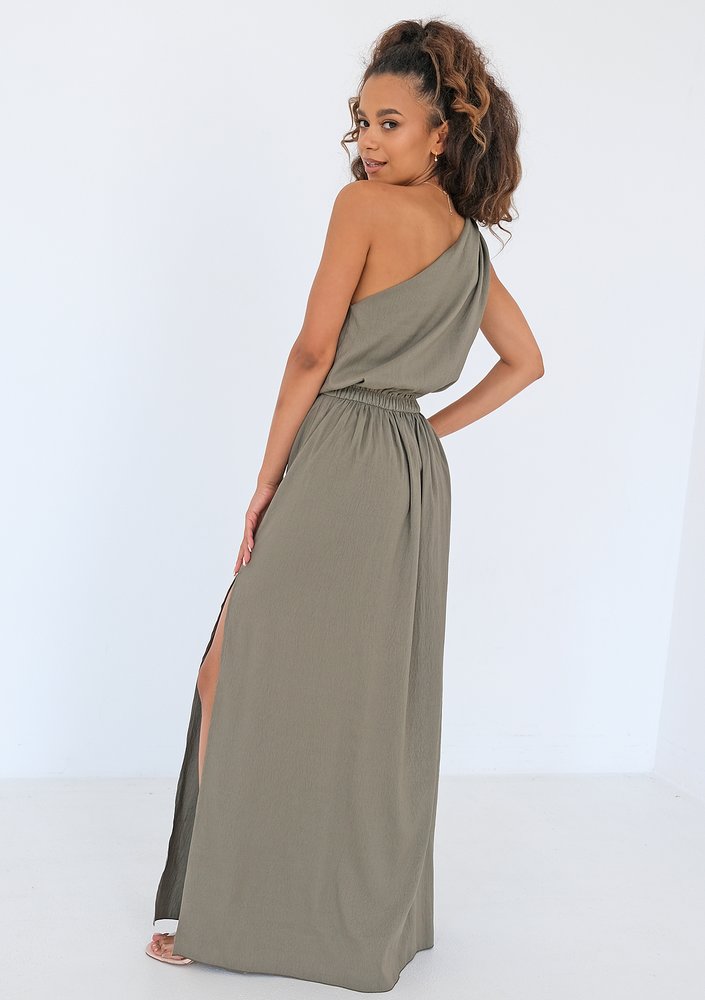 Athina - Asymmetric olive green maxi dress