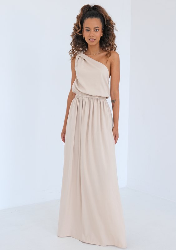 Athina - Asymmetric beige maxi dress