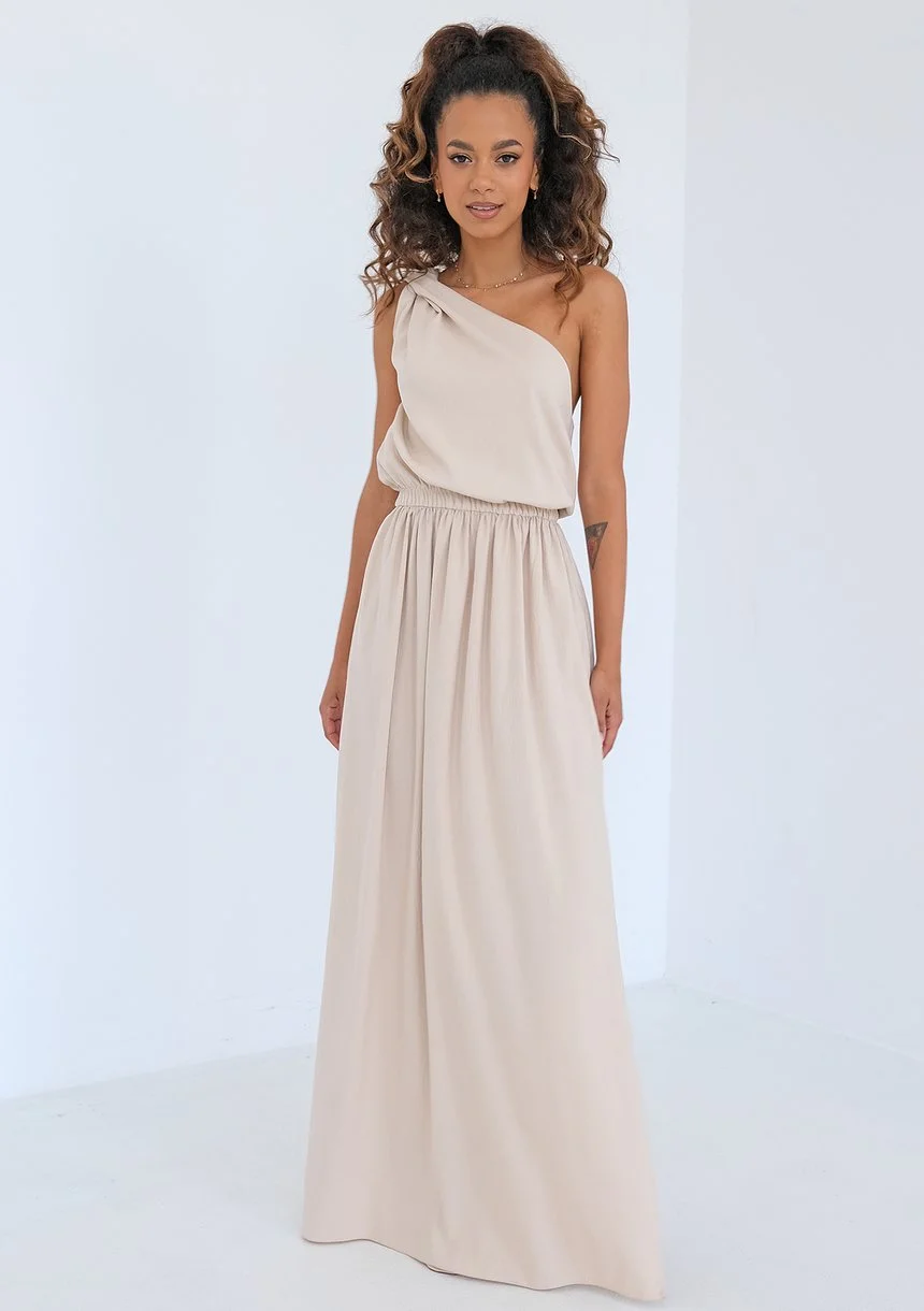 Athina - Asymmetric beige maxi dress