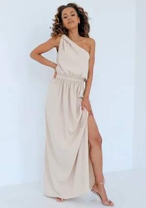 Athina - Asymmetric beige maxi dress