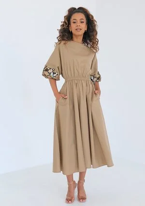 Mabel - Embroidered beige midi dress