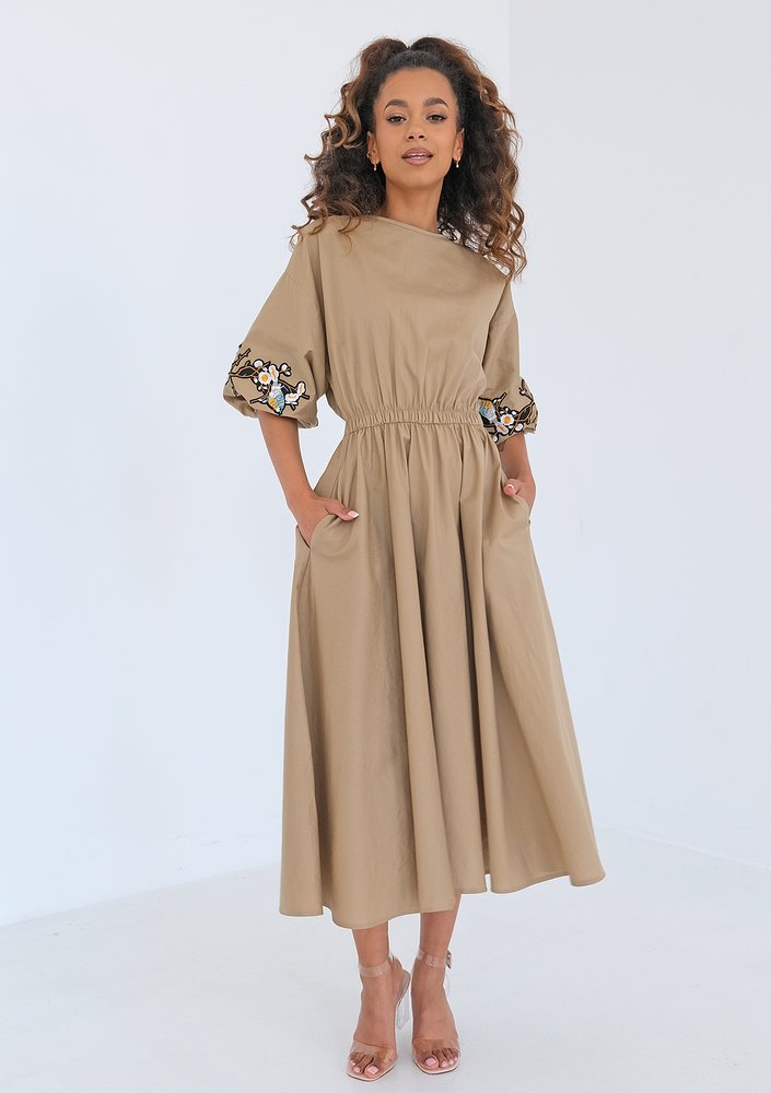 Mabel - Embroidered beige midi dress