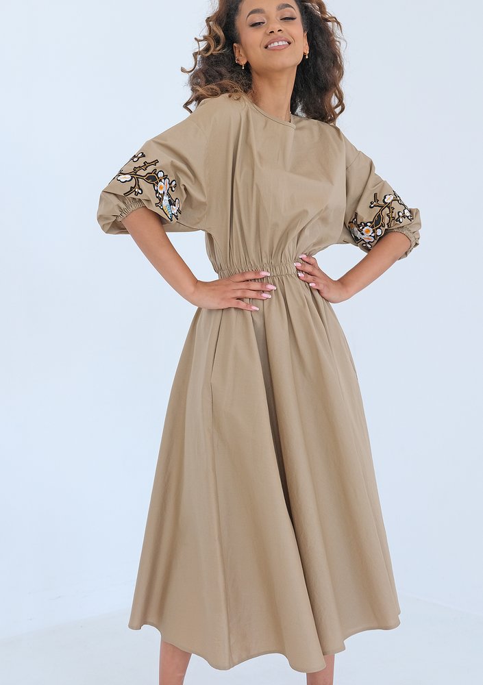Mabel - Embroidered beige midi dress
