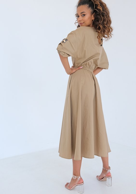 Mabel - Embroidered beige midi dress
