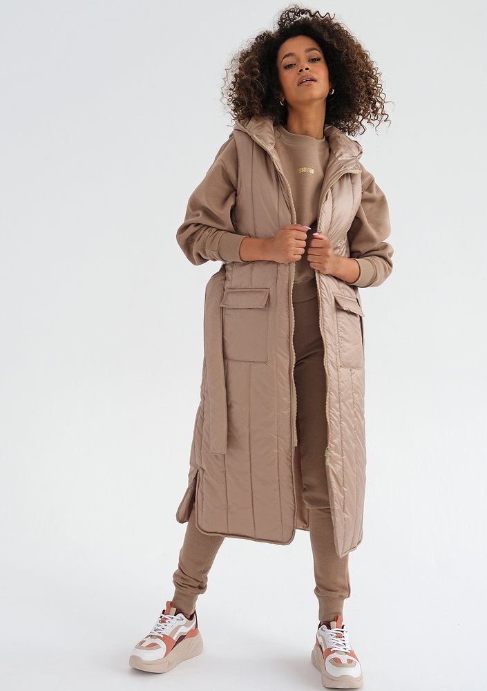 Maren - Latte beige midi sleeveless jacket