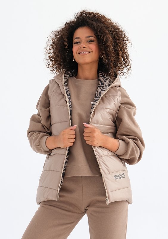 Vicky - Quilted beige zebra printed sleeveless jacket