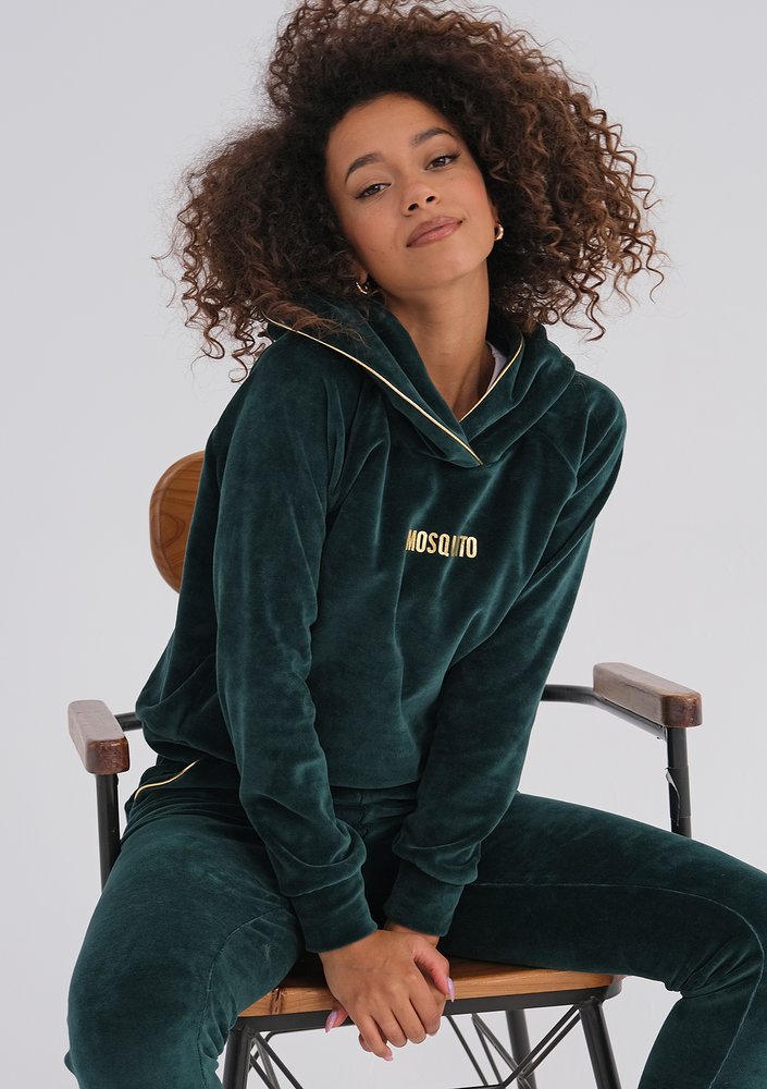 Queens - Bluza velvet z kapturem Zielona