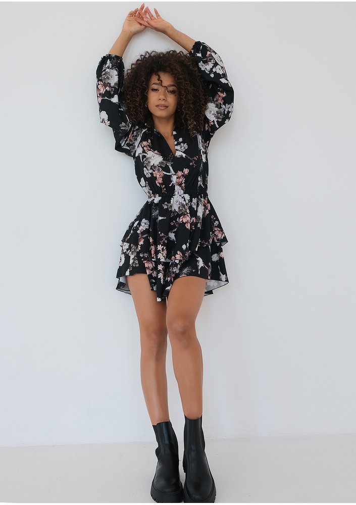 Mia - Black floral printed mini dress with frills