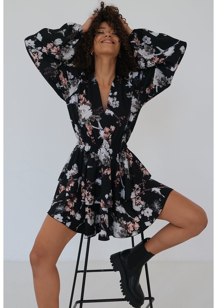 Mia - Black floral printed mini dress with frills