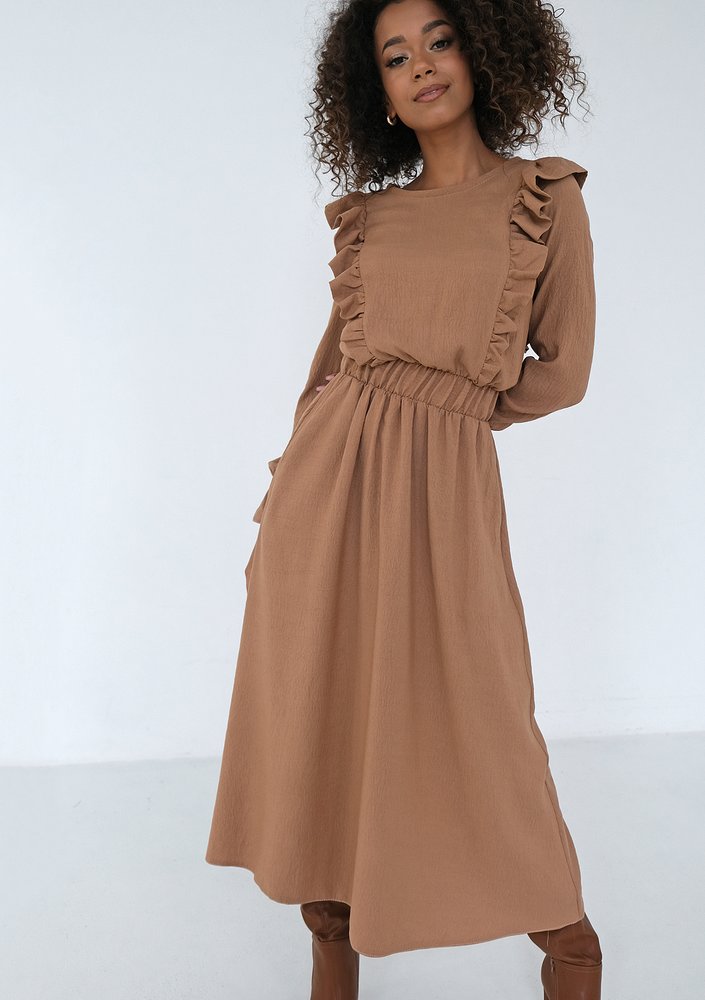 Olena - Caramel brown midi dress with frills