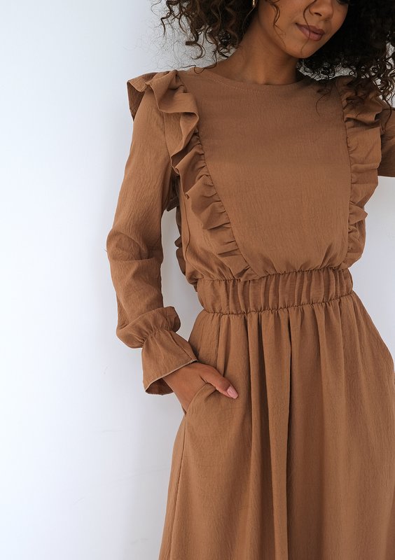 Olena - Caramel brown midi dress with frills