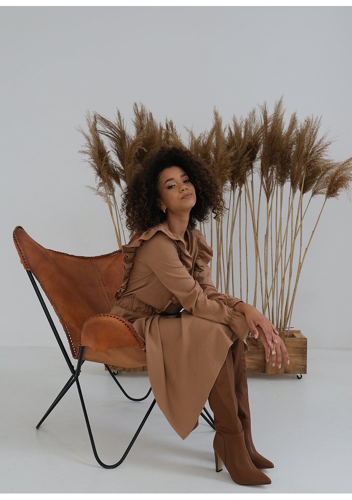 Olena - Caramel brown midi dress with frills