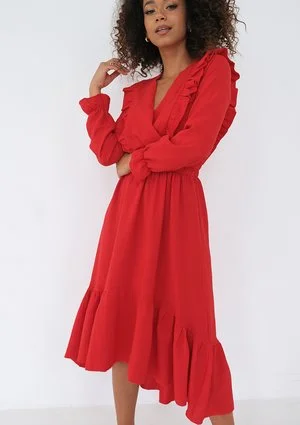 Verena - Sukienka midi z falbanką Czerwona